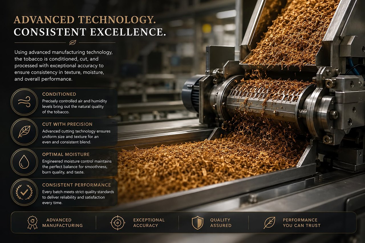 Advanced Technology, Consistent Excellence — cut tobacco flowing through a modern Tarboush processing line, with callouts for conditioning, precision cutting, optimal moisture and consistent performance