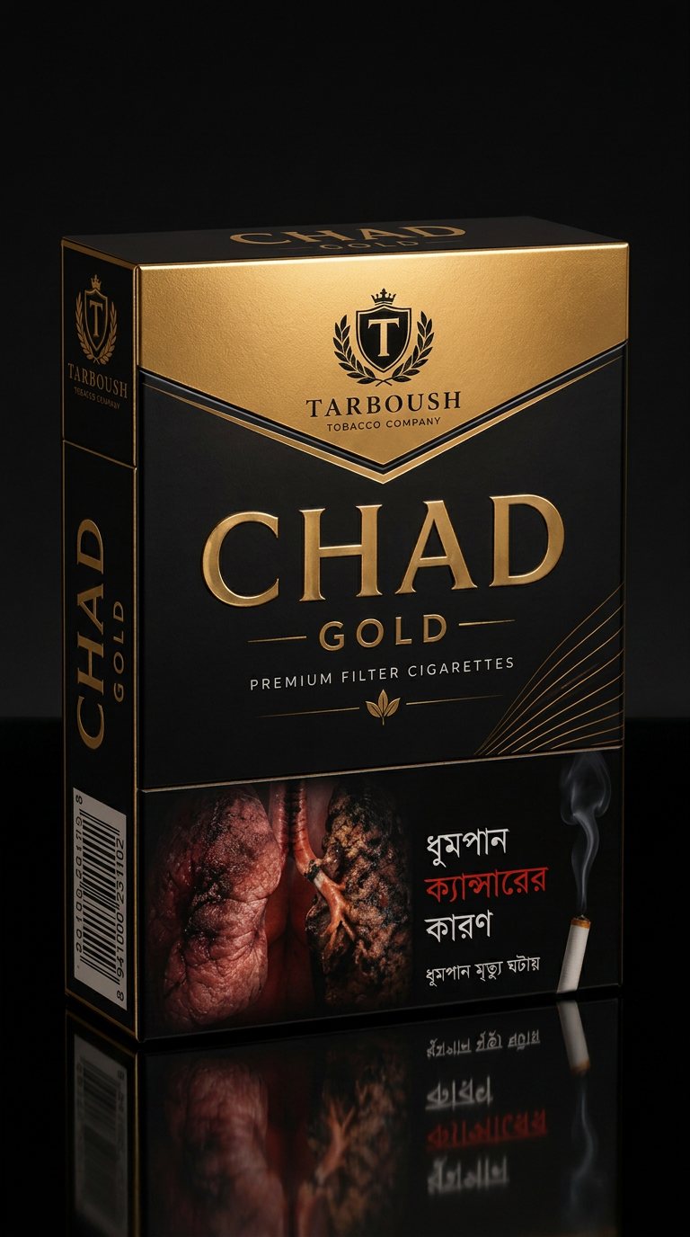 Sealed Tarboush Chad Gold king size cigarette pack standing upright, gold crest and lettering catching warm light on a dark surface