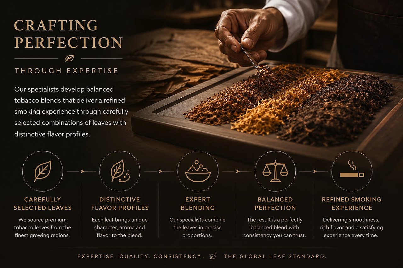 Crafting Perfection Through Expertise — a Tarboush specialist blending four graded tobaccos on a wooden tray, with the blending steps from selected leaves to refined smoking experience